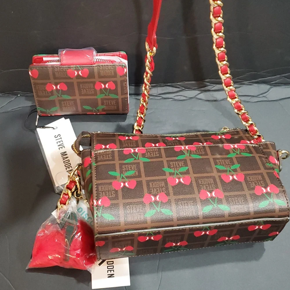 Steve Madden brown plaid checkered look and cherry print bglory red snap wallet - Picture 8 of 12